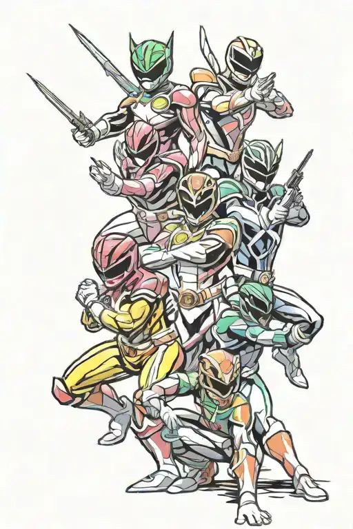 custom fan art of the original power rangers and some form of group action pose, in suit. tattoo design idea