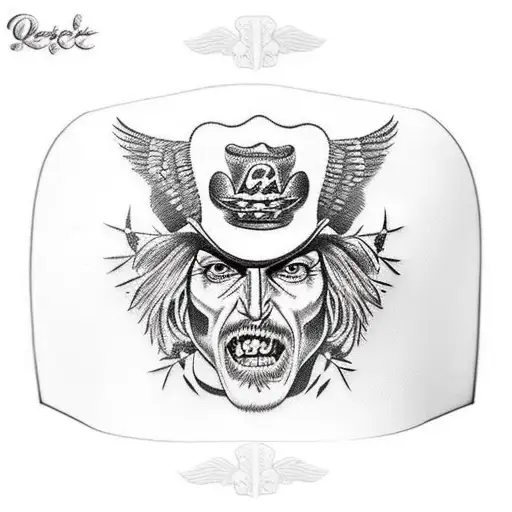 peck tattoo of western outlaw with expensive hat and desert. eagle with the words little bit of angel whole lot of outla tattoo design idea