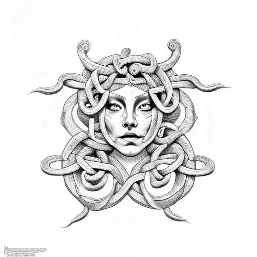 A mesmerizing tattoo of Medusa's face, with snake eyes and intricate Celtic knot patterns in the background tattoo design idea