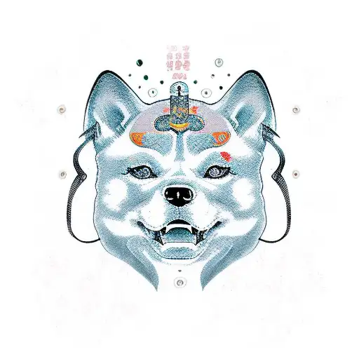 shiba-inu japan head hieroglyphs demon mask  tattoo design idea