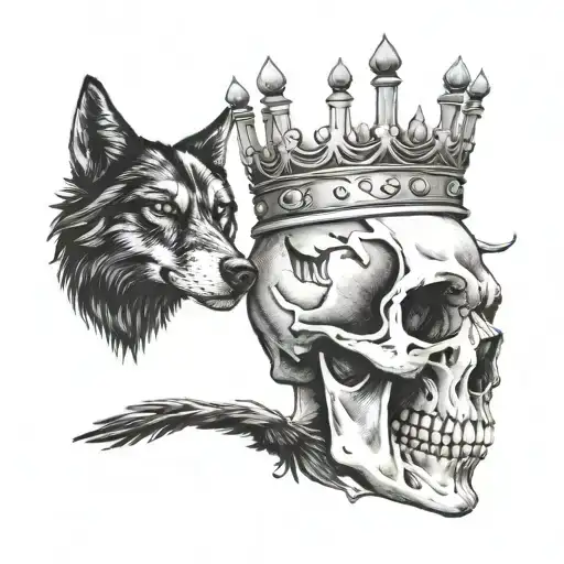 a skull with a crown on the left, a wolf on the right, a crow tattoo design idea