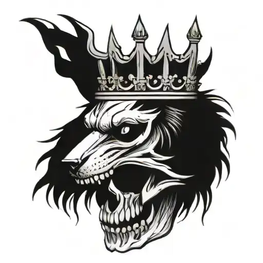 a skull with a crown on the left, a wolf on the right tattoo design idea
