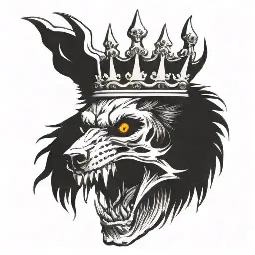 a skull on the head of a crown with a wolf howling,the mane is more realistic tattoo design idea