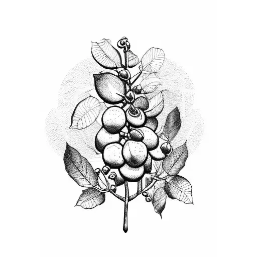 A blackwork tattoo of a coffee bean plant with letras de color growing from the branches tattoo design idea