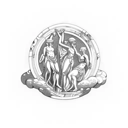 Armband tattoo of greco Roman mythological figures, in the style of Roman pottery art tattoo design idea
