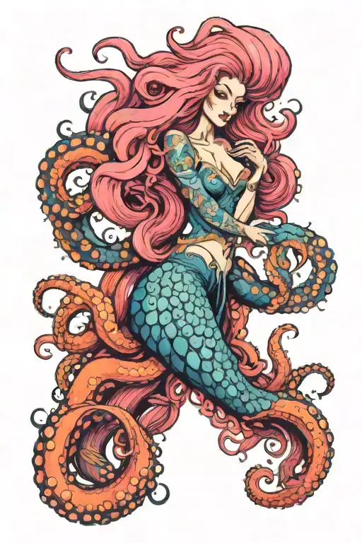 a bright blue octopus with long tentacles and a mermaid with long pink hair tattoo design idea