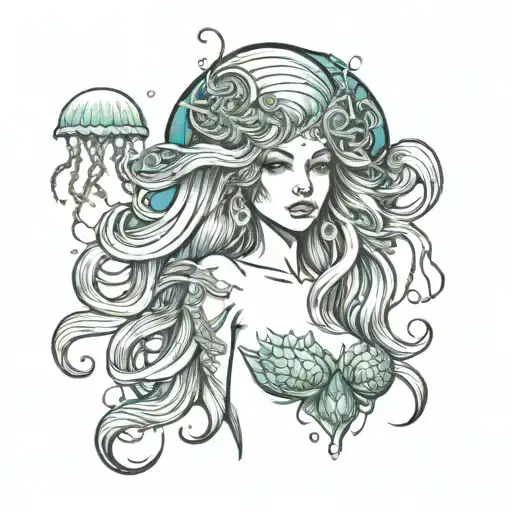 sea ​​jellyfish mermaid with long hair and bare chest tattoo design idea