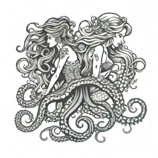 sea ​​theme octopus with long tentacles and mermaid with long hair tattoo design idea