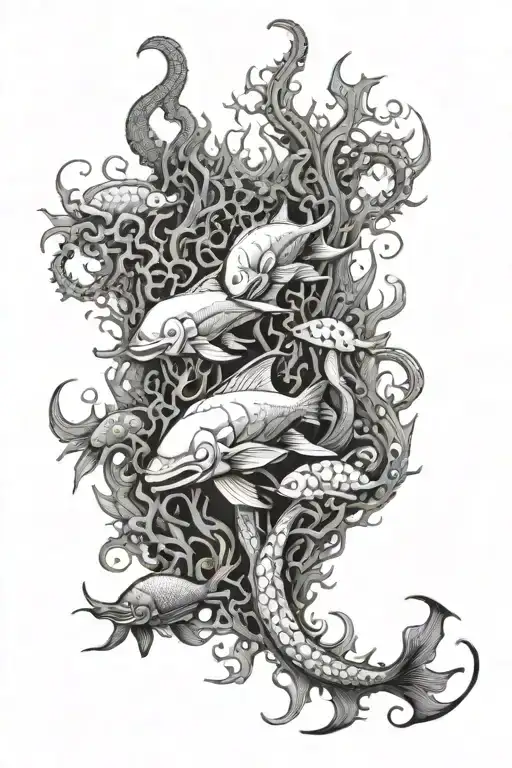 A majestic underwater scene featuring a coral reef with an octopus, sea horse, manta ray, Nemo fish, swordfish, dolphin, and red snapper swimming together, with Poseidon's trident and seaweed in the background tattoo design idea