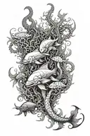 A majestic underwater scene featuring a coral reef with an octopus, sea horse, manta ray, Nemo fish, swordfish, dolphin, and red snapper swimming together, with Poseidon's trident and seaweed in the background tattoo design idea