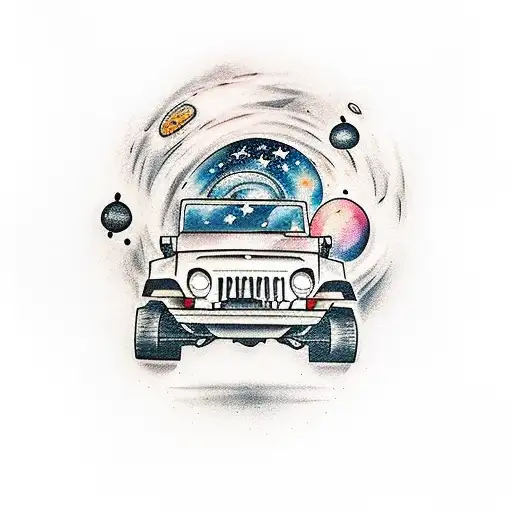 A traditional style tattoo of a vintage jeep cruising through a galaxy filled with musical notes and Star Wars characters tattoo design idea