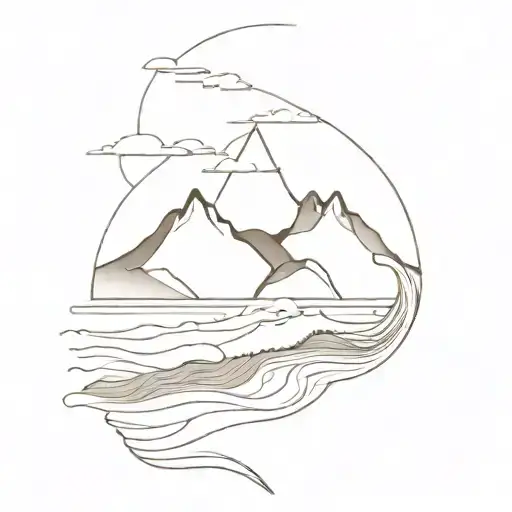 A majestic sea creature emerging from the waves with a mountain backdrop, showcasing the beauty of nature's diverse landscapes tattoo design idea
