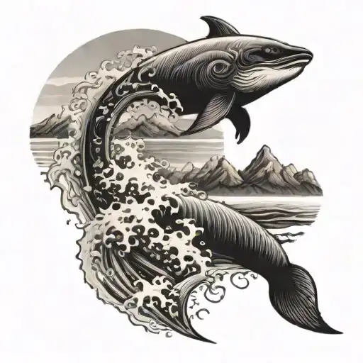 A majestic sea creature emerging from the waves with a mountain backdrop, showcasing the beauty of nature's diverse landscapes tattoo design idea