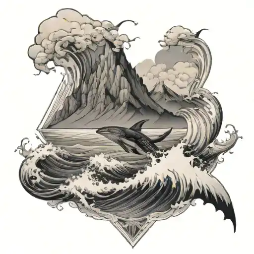 A majestic sea creature emerging from the waves with a mountain backdrop, showcasing the beauty of nature's diverse landscapes tattoo design idea