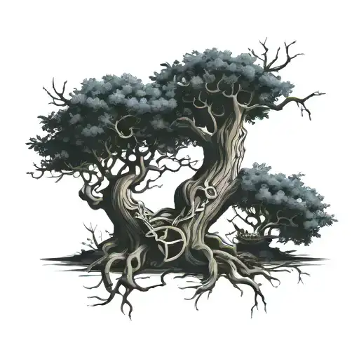 A family tree intertwined with navy symbols like anchors and ships tattoo design idea
