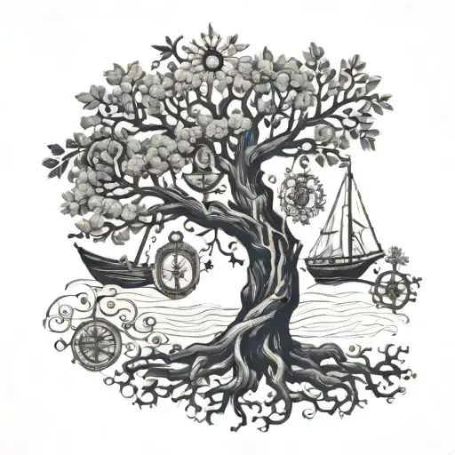A family tree intertwined with navy symbols like anchors and ships tattoo design idea
