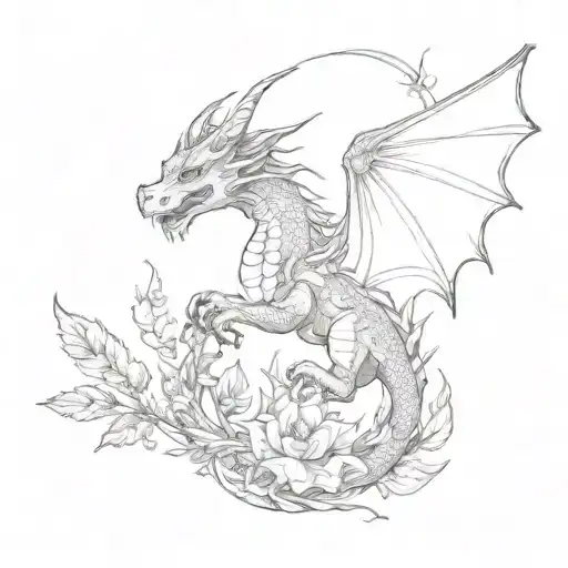 dragon with cats plants and birds flying tattoo design idea
