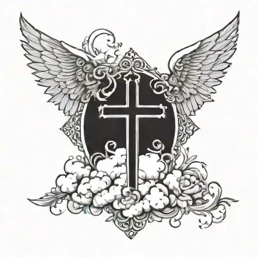 cross and clouds and angel wings tattoo design idea