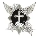 cross and clouds and angel wings tattoo design idea