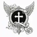 cross and clouds and angel wings tattoo design idea