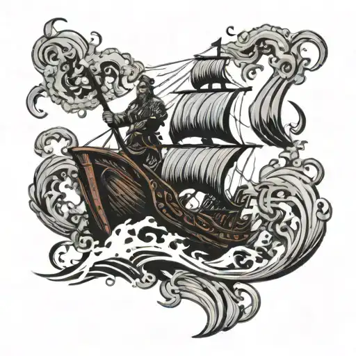 Viking ship sailing on stormy sea with kraken beneath reaching up with tentacles and holding trident  tattoo design idea
