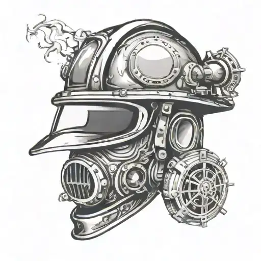 A welding helmet split down the middle with the other half being a firefighting helmet tattoo design idea