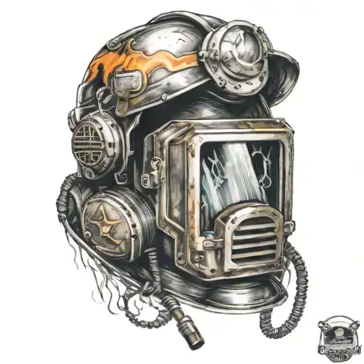 A welding helmet split down the middle with the other half being a firefighting helmet tattoo design idea