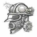 A welding helmet split down the middle with the other half being a firefighting helmet tattoo design idea