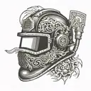 A welding helmet split down the middle with the other half being a firefighting helmet tattoo design idea