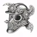 A welding helmet split down the middle with the other half being a firefighting helmet tattoo design idea