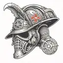 A welding helmet split down the middle with the other half being a firefighting helmet tattoo design idea