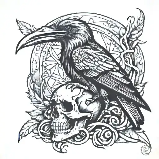 odin, raven perched on a skull tattoo design idea