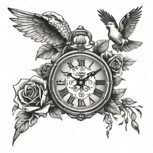 skeleton hand roses on wrist, old clock with Roman numerals and doves flying.  tattoo design idea