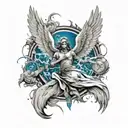 A sleeve design showcasing a fallen angel surrounded by doves and religious symbols, with blue lightning representing the clash between good and evil, all in a black and grey style for a dramatic effect tattoo design idea