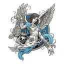 A sleeve design showcasing a fallen angel surrounded by doves and religious symbols, with blue lightning representing the clash between good and evil, all in a black and grey style for a dramatic effect tattoo design idea