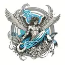 A sleeve design showcasing a fallen angel surrounded by doves and religious symbols, with blue lightning representing the clash between good and evil, all in a black and grey style for a dramatic effect tattoo design idea