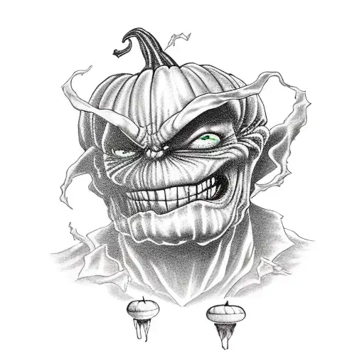 green goblin realistic trick or treat tatoo with pumpkin bombs he throws while he's gliding on his hoverboard off spider tattoo design idea