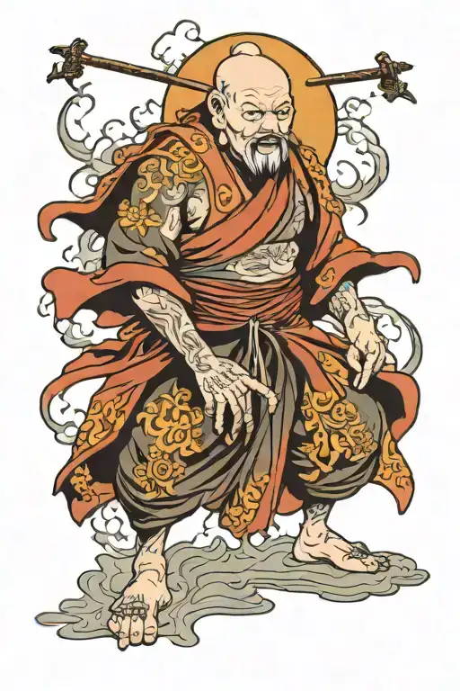 walking Warrior monk meditating tattoo design idea