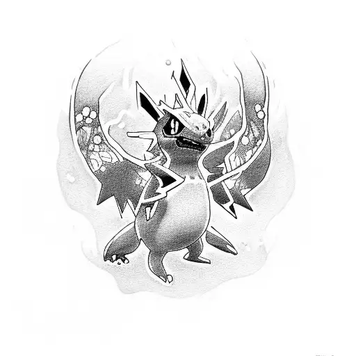 An intricate dotwork tattoo depicting a Pokemon card emerging from a burst of colorful smoke tattoo design idea
