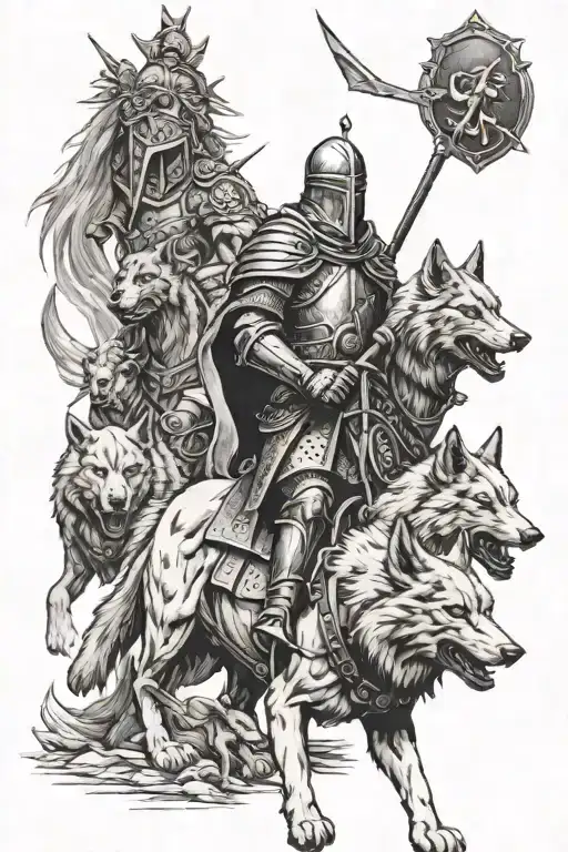 Templar knight leading a pack of  wolves tattoo design idea