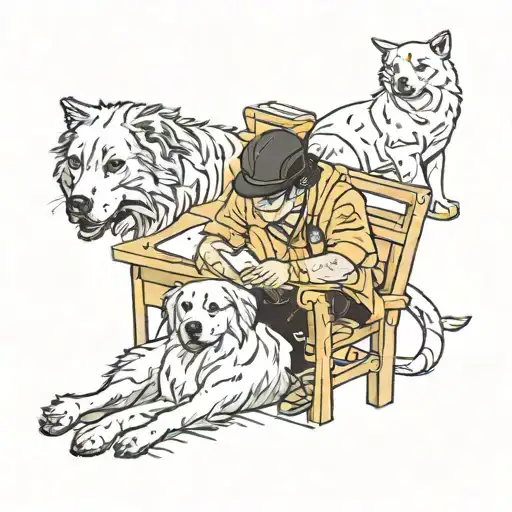 A new-school design of a medical student studying with a cat and a golden retriever by their side, representing the client's dedication to their studies and love for animals tattoo design idea
