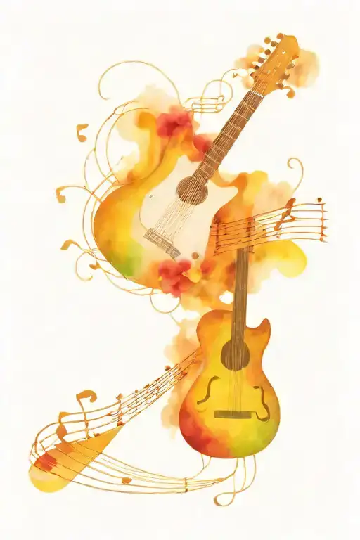 A whimsical tattoo of a guitar and piano intertwined with musical notes, inspired by La La Land tattoo design idea