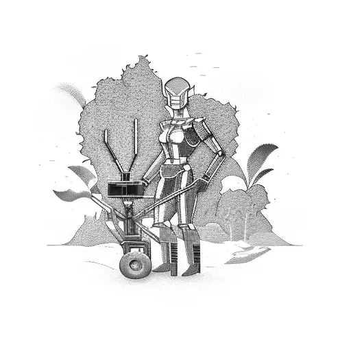 A futuristic cyborg farmer harvesting crops in a high-tech agricultural field tattoo design idea