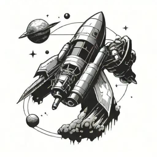 Incorporate farming tools into a rocket ship design tattoo design idea