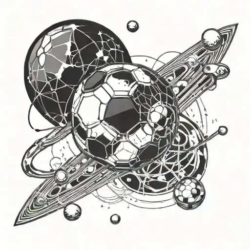 A soccer ball orbiting a planet in a futuristic astro-themed design tattoo design idea