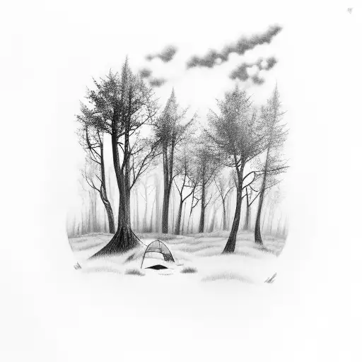 Forest with smal Tent in it and the Sky with clouds and a lightning tattoo design idea