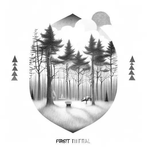 Forest with smal Tent in it and the Sky with clouds and a lightning tattoo design idea
