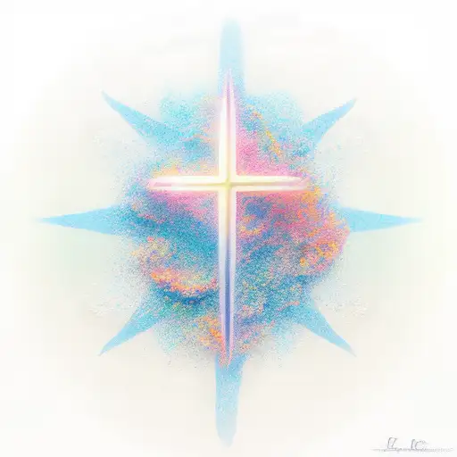 A serene beach scene with a subtle religious symbol in the sky tattoo design idea