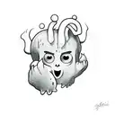 Crying cartoon ghost holding dripping heart in claws tattoo design idea