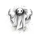 Crying cartoon ghost holding dripping heart in claws tattoo design idea